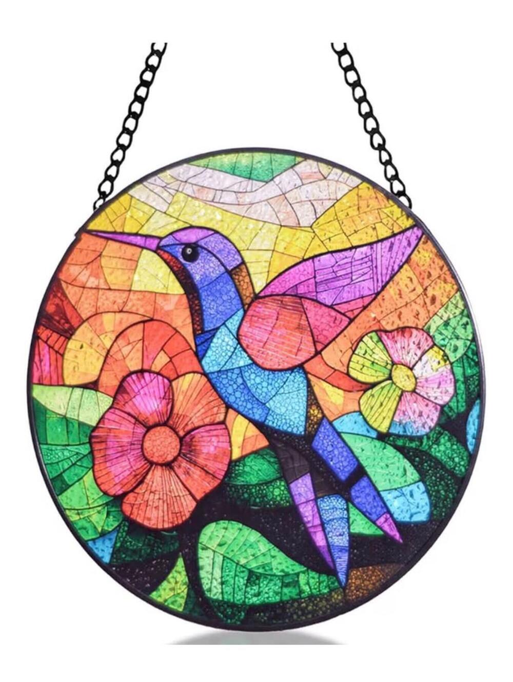 7.8" Hand-Painted Hummingbird Stained Glass Suncatcher - New in Box